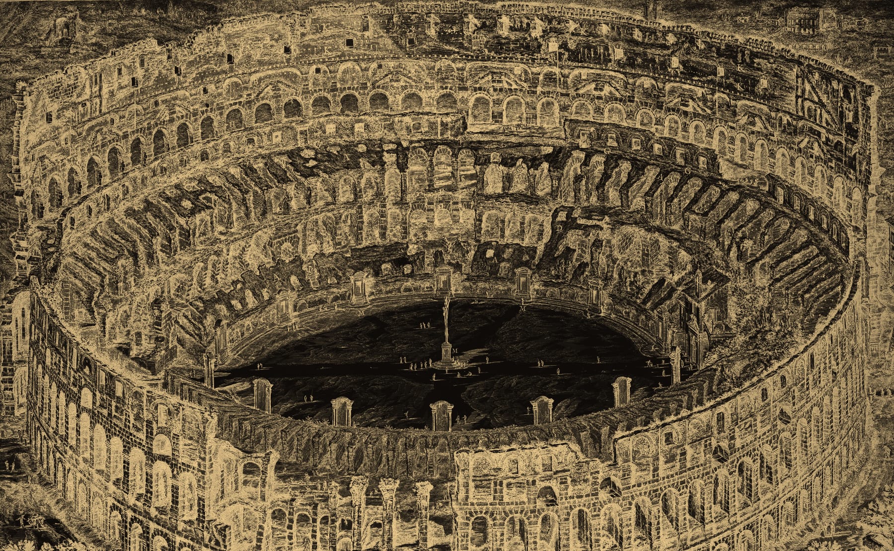 The Colosseum from above in Piranesi’s view, in gold on a dark ground