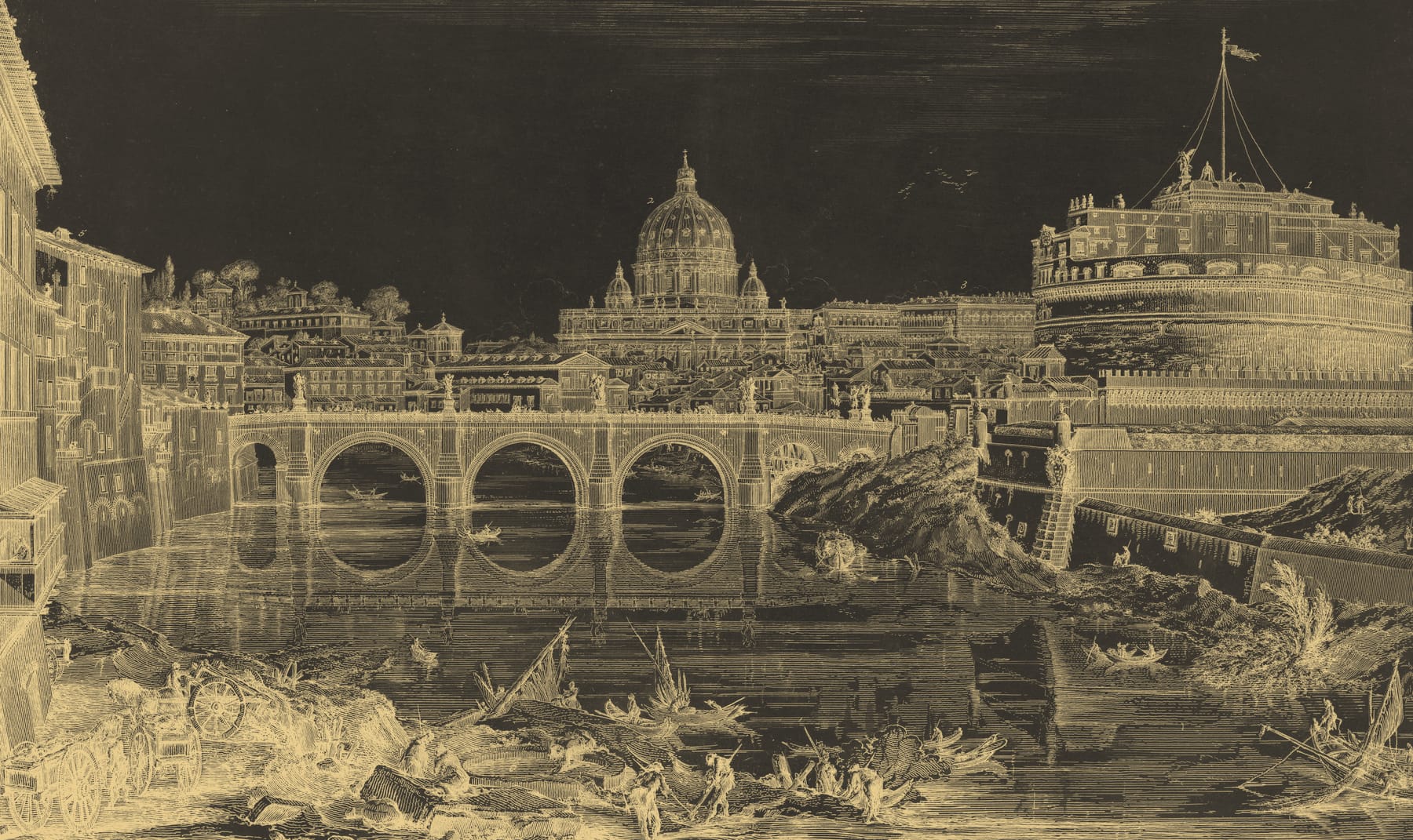 Castel Sant’Angelo in Piranesi’s view, in gold on a dark ground
